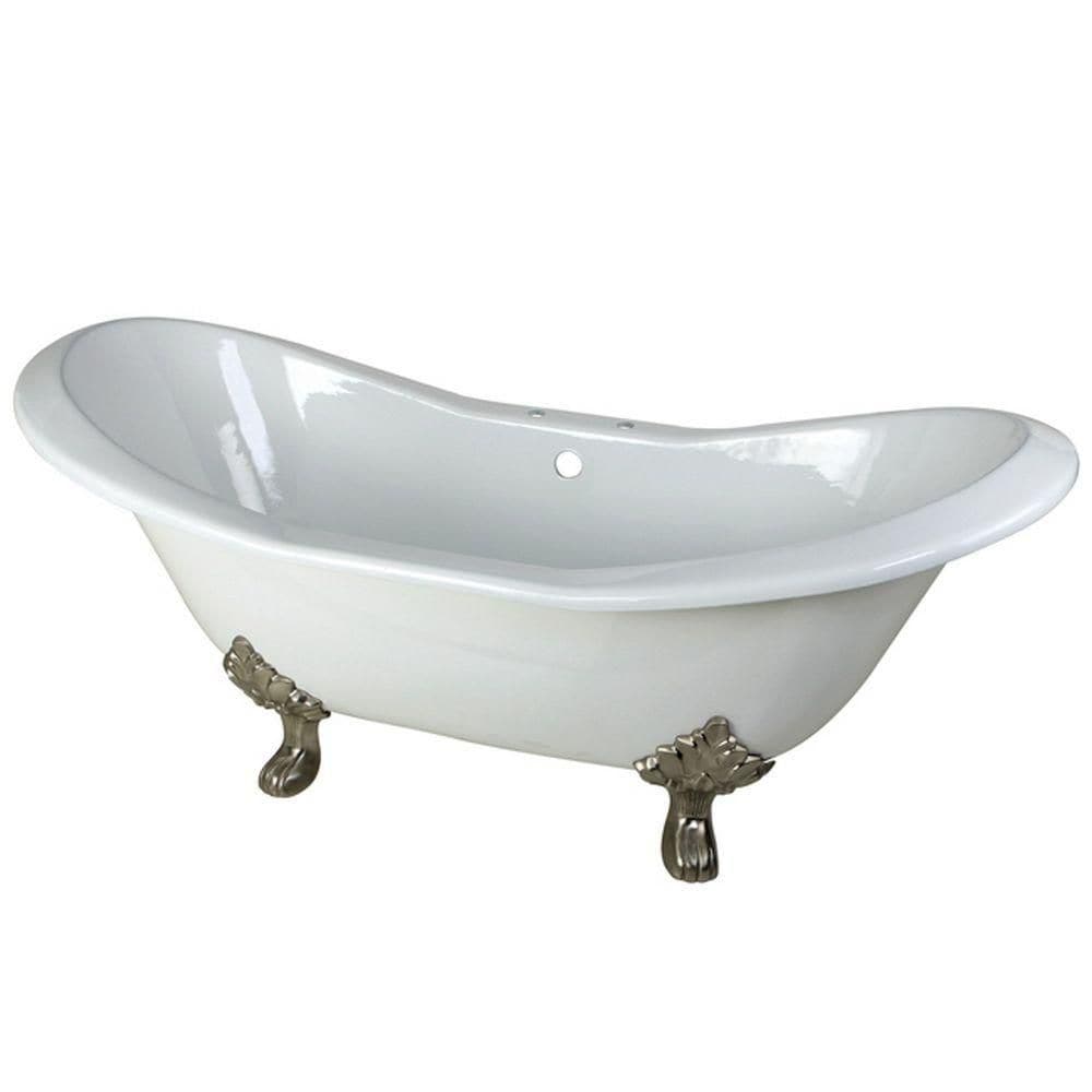 6 Feet Cast Iron Satin Nickel Clawfoot Double Slipper Bathtub with 7-Inch Deck Holes in White
