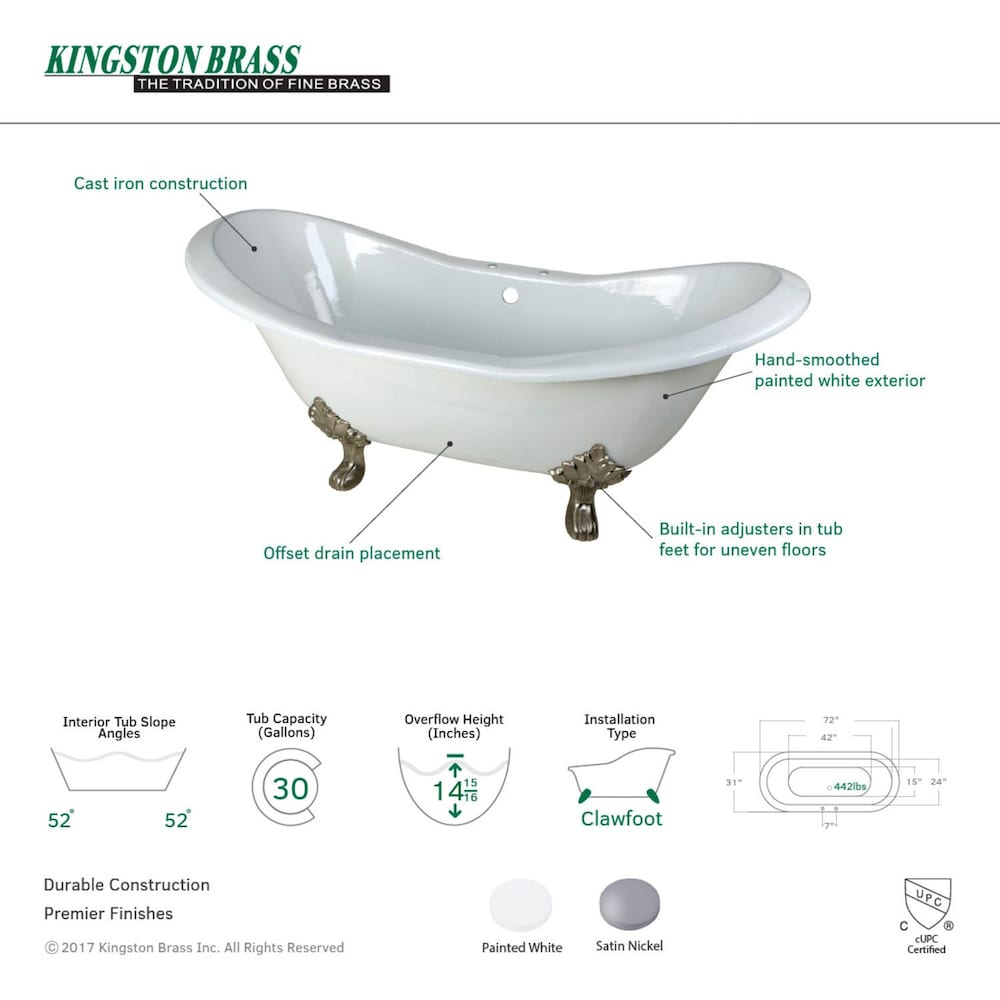 6 Feet Cast Iron Satin Nickel Clawfoot Double Slipper Bathtub with 7-Inch Deck Holes in White