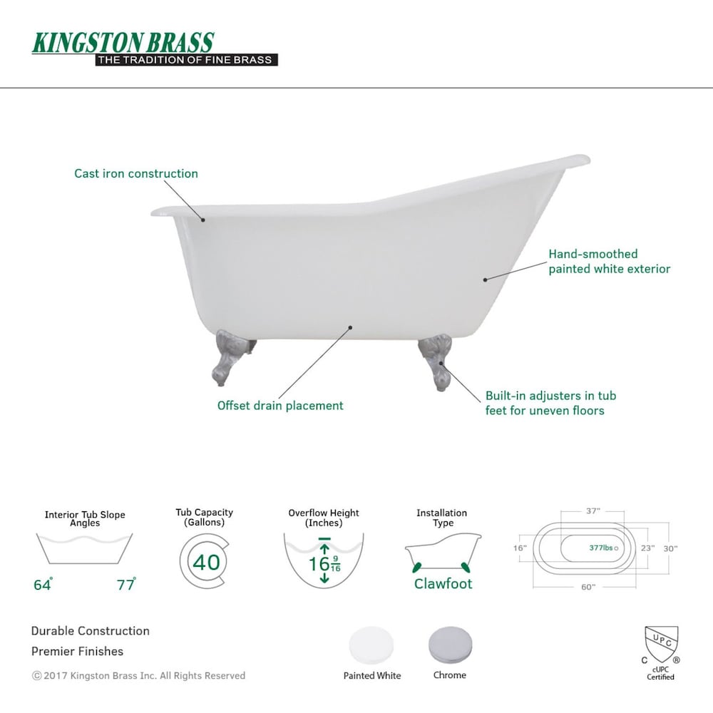 5 Feet Cast Iron Polished Chrome Clawfoot Slipper Bathtub in White
