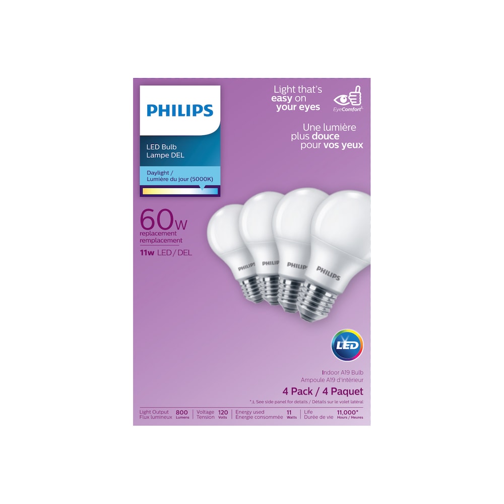 LED A19 E26 60W Equivalent A-Line Energy Saving Light Bulb, Daylight (5000K) 4-Pack