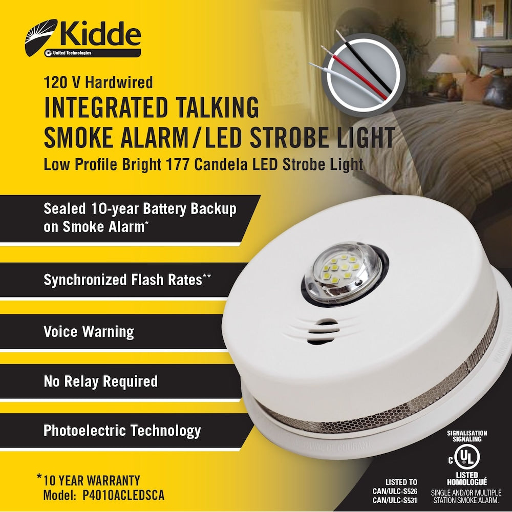 Détecteur de fumée interconnecté câblé avec lumière stroboscopique à LED et alerte vocale