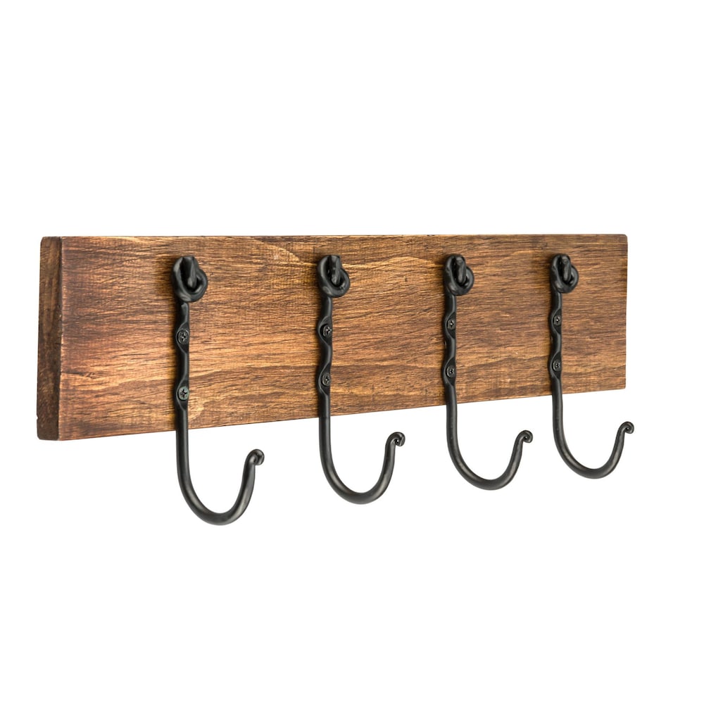 18-inch (457 mm) Classic Wood Hook Rack with 4 Forged Iron Hooks, Rustic Wood and Matte Black Finish
