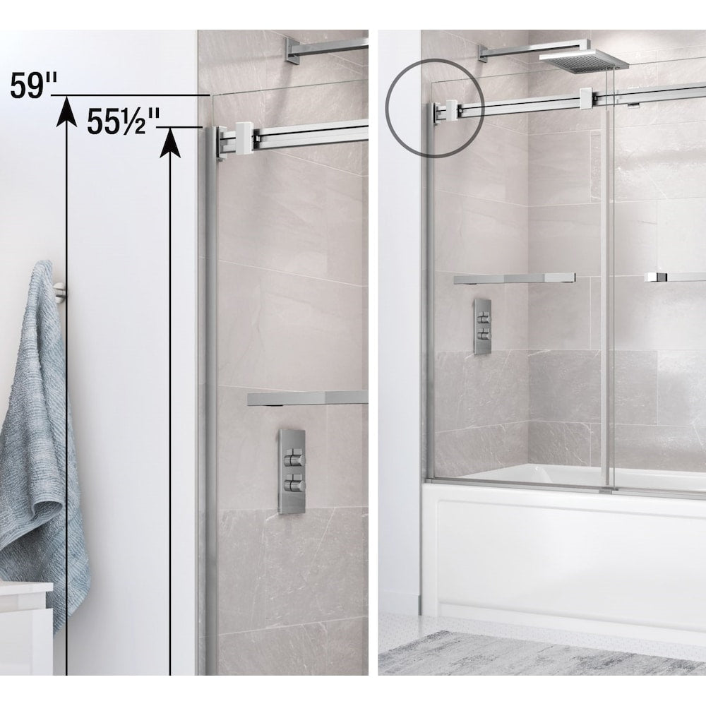 Ensemble de douche pour baignoire NexTile de 60 po L x 30 po l x 81,25 po H avec contour de baignoire en carreaux de métro blancs, niche intégrée, porte coulissante noire mate, baignoire AcrylX avec drain à gauche et revêtement brut au-dessus du sol