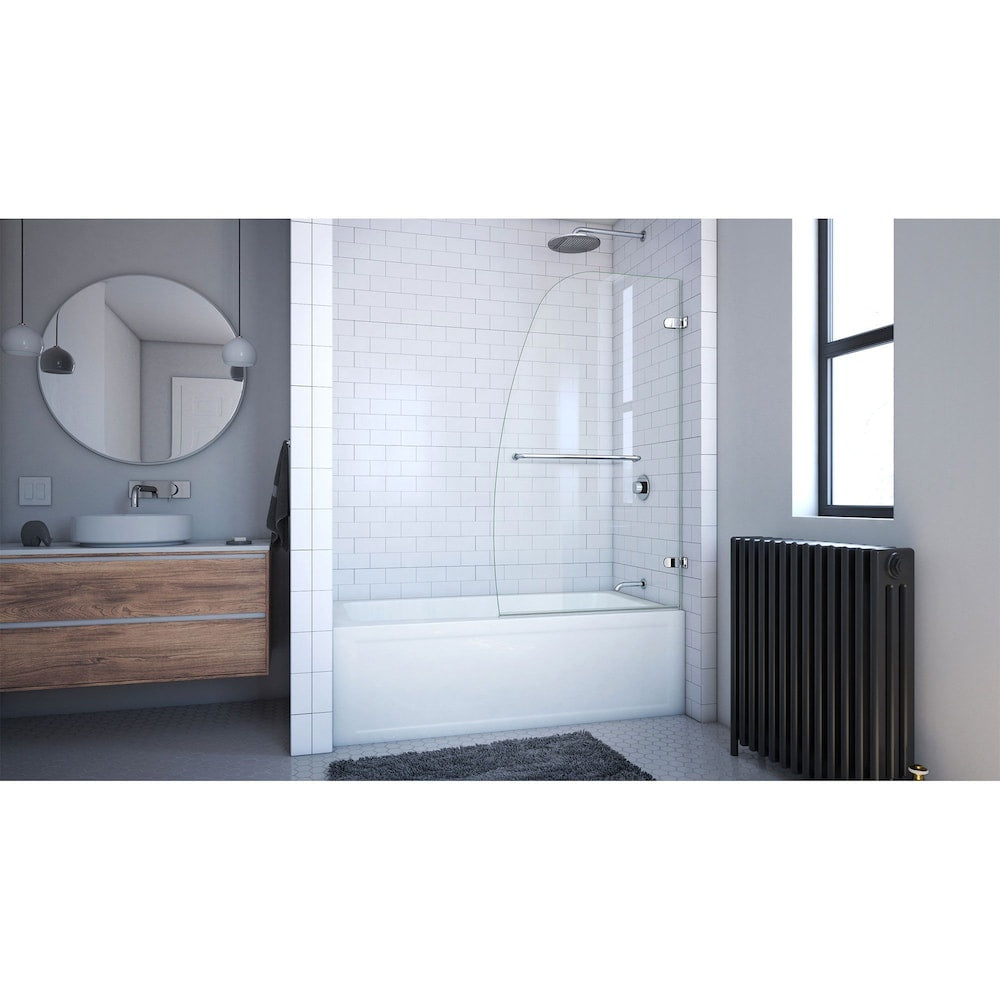 Porte de baignoire pivotante sans cadre Aqua Uno de 34 po de largeur x 58 po de hauteur en chrome avec verre trempé transparent