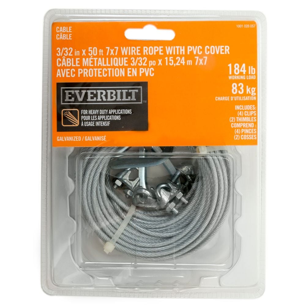 Ensemble de câbles d'aviation 7x7 en acier galvanisé enduit de PVC de 3/32 po x 1/8 po x 50 pi, charge de travail sécuritaire de 184 lb (7 pièces)