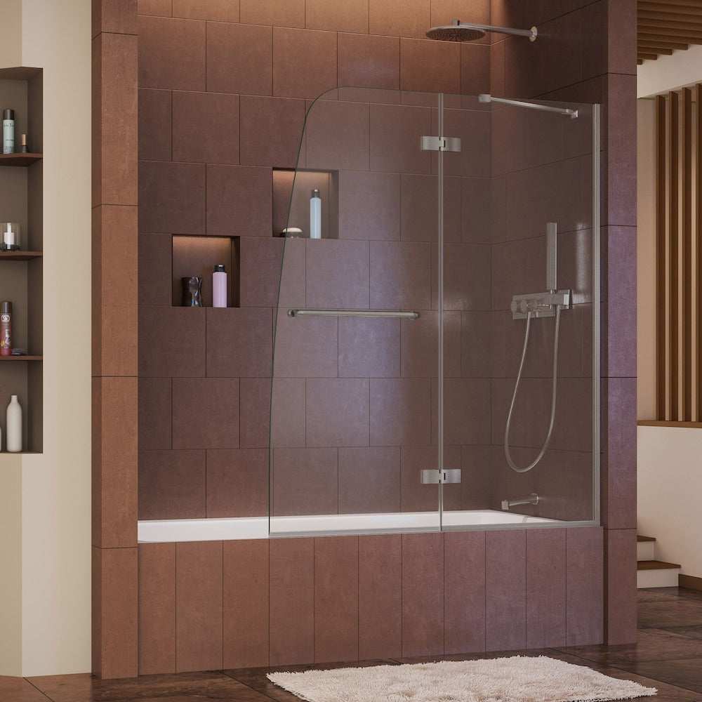 Aqua Ultra 48 in. W x 58 in. H Frameless Pivot Bathtub Door in Brushed Nickel with 8mm Clear Tempered Glass