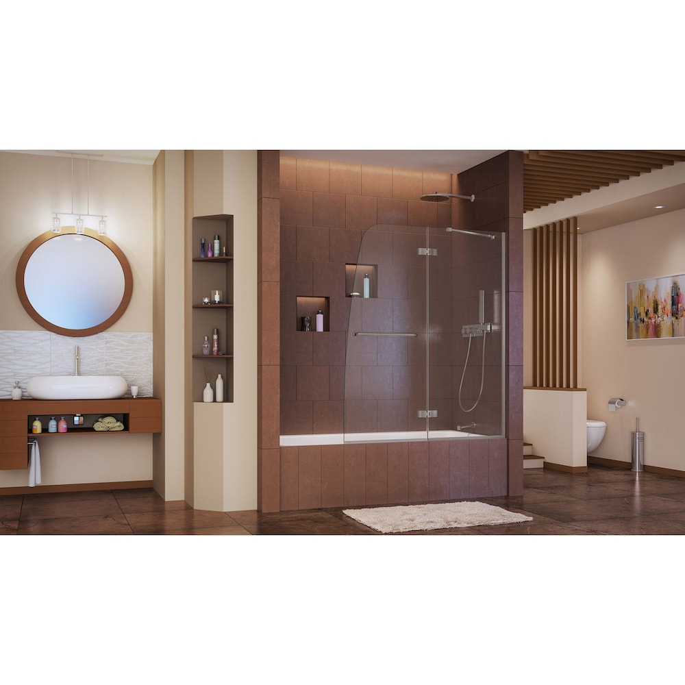 Porte de baignoire pivotante sans cadre Aqua Ultra de 48 po de largeur x 58 po de hauteur en nickel brossé avec verre trempé transparent de 8 mm