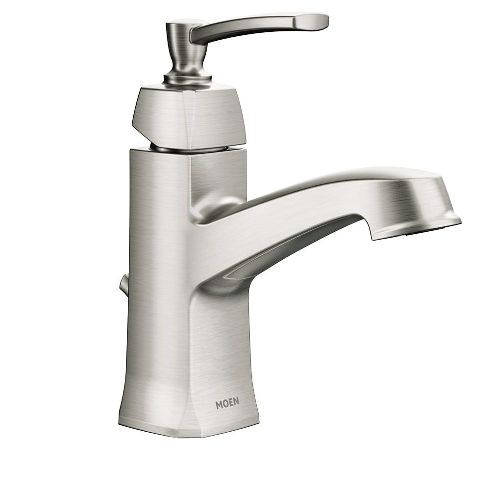 Robinet de lavabo de salle de bain à poignée unique Conway de 4 pouces avec plaque de pont en nickel brossé résistant aux taches (vidange et valve incluses)