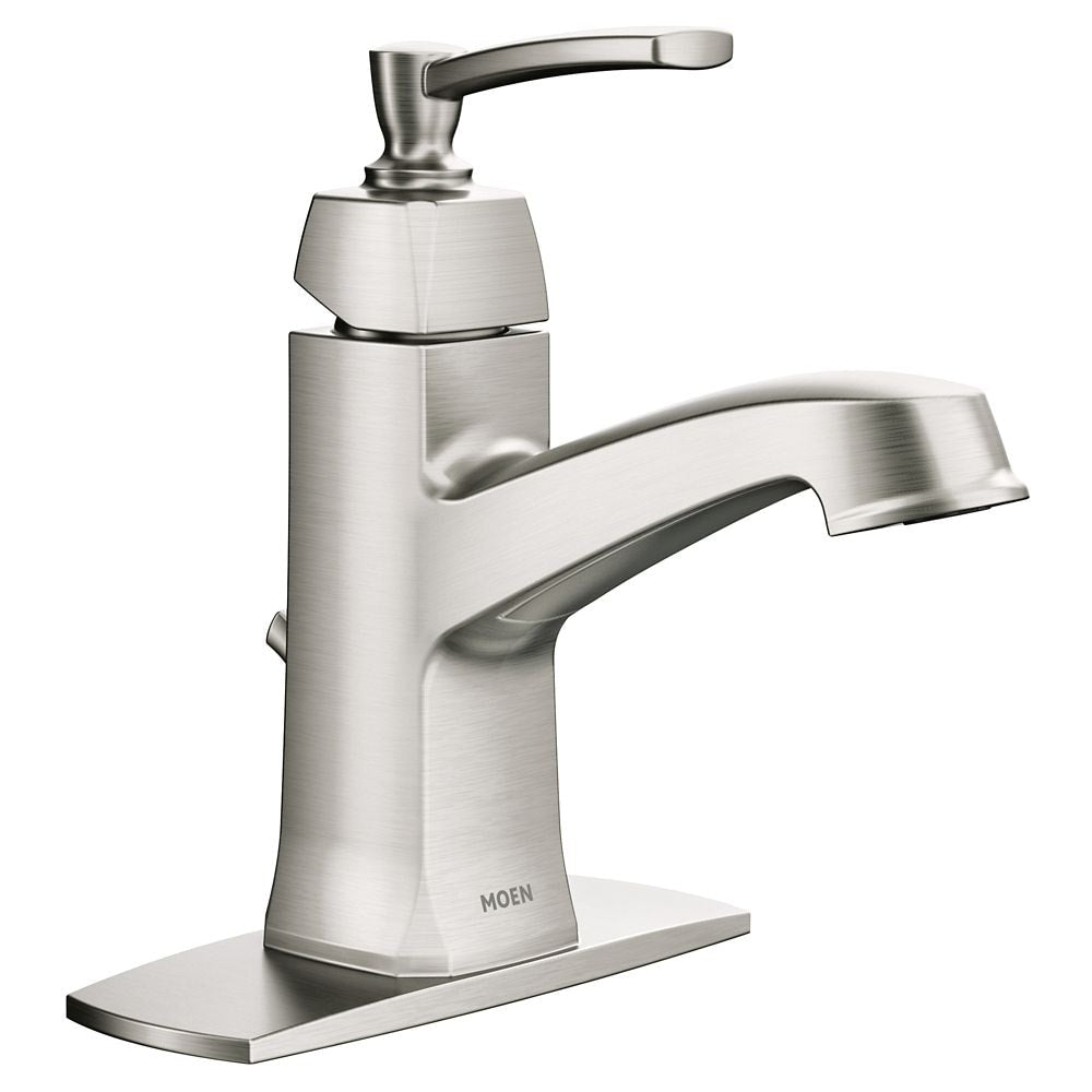 Robinet de lavabo de salle de bain à poignée unique Conway de 4 pouces avec plaque de pont en nickel brossé résistant aux taches (vidange et valve incluses)