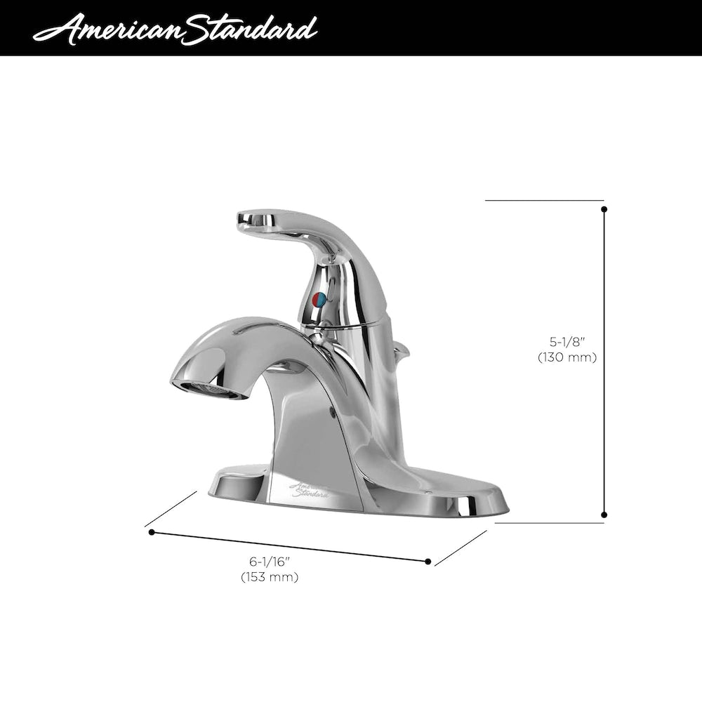 Robinet de salle de bain à arc bas à poignée unique Cadet Centerset (4 pouces) en chrome (valve et drain inclus)