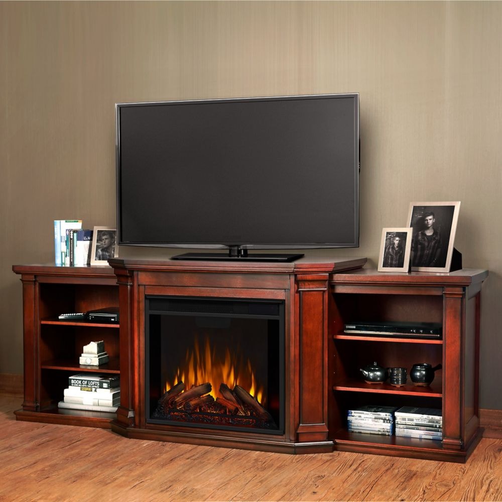 Meuble TV avec cheminée électrique et console multimédia Valmont de 76 pouces en acajou foncé