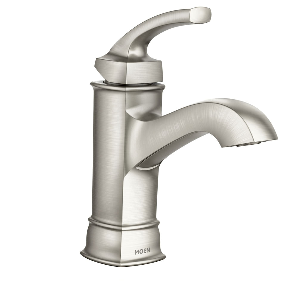 Robinet de lavabo de salle de bain à poignée unique Hensley de 4 pouces avec plaque de pont en nickel brossé résistant aux taches (vidange et valve incluses)