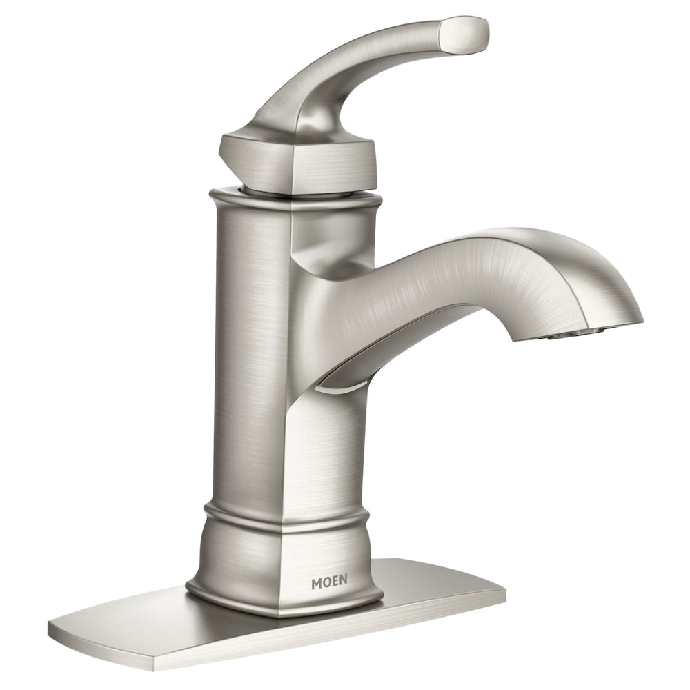 Robinet de lavabo de salle de bain à poignée unique Hensley de 4 pouces avec plaque de pont en nickel brossé résistant aux taches (vidange et valve incluses)