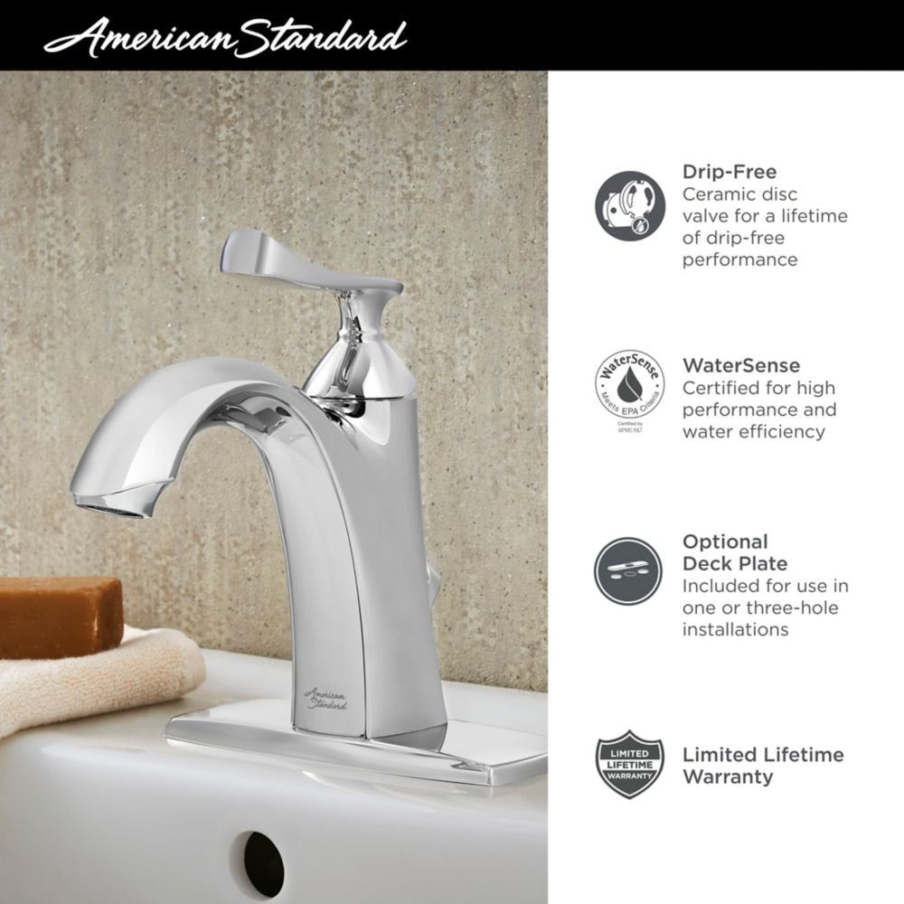 Robinet de lavabo de salle de bain à arc bas à poignée unique et trou unique Chatfield en chrome (robinet, drain et plaque de pont inclus)