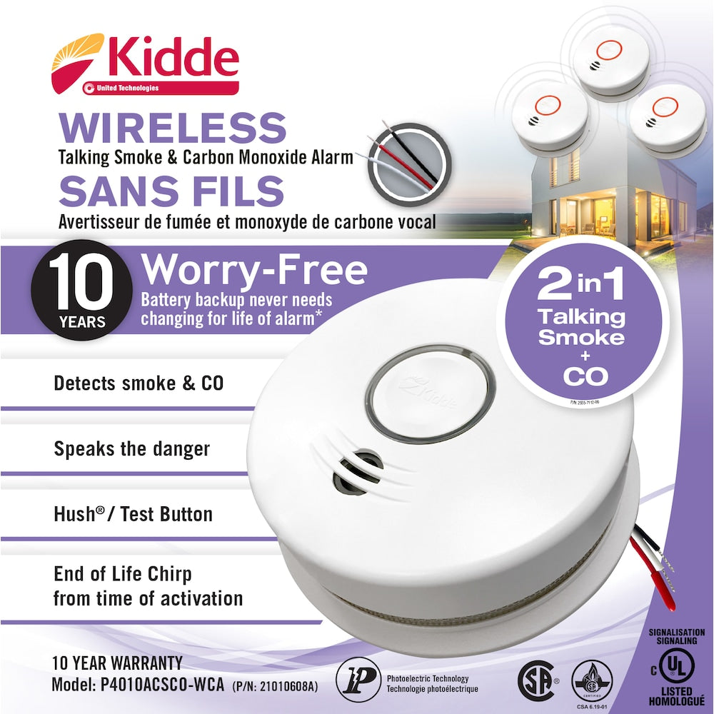 Détecteur combiné de fumée et de monoxyde de carbone sans fil et filaire Worry Free avec alerte vocale