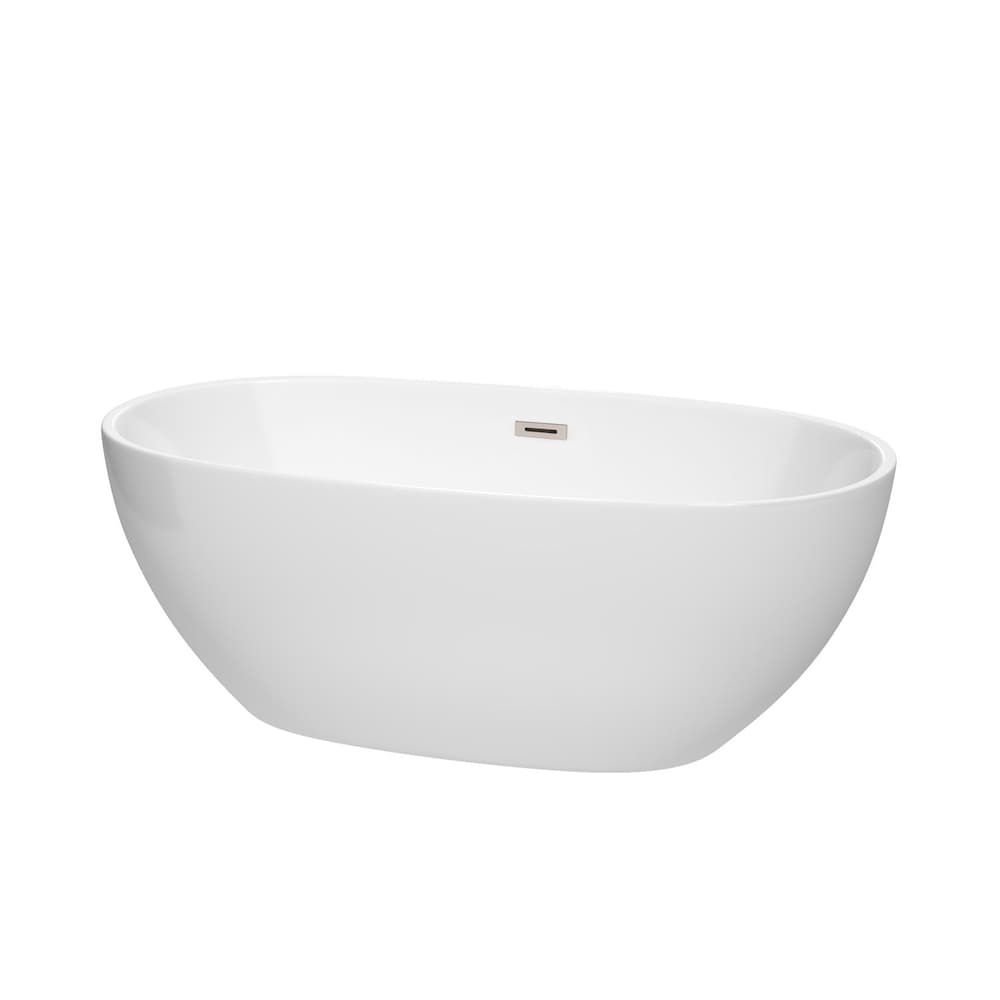 Juno 63-inch Freestanding Bathtub in White with Brushed Nickel Drain and Overflow Trim