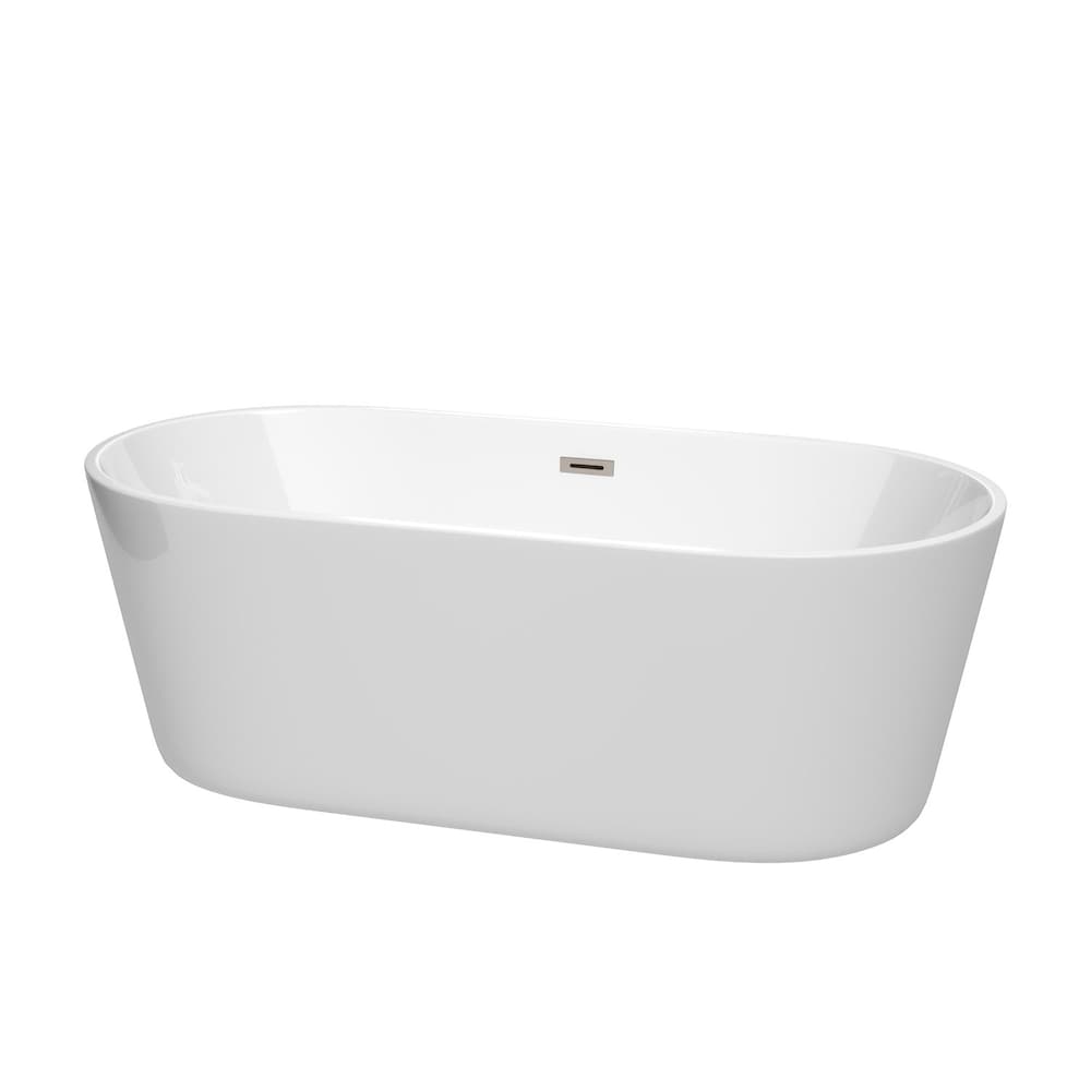 Baignoire autoportante Carissa de 67 pouces en blanc avec drain et garniture de trop-plein en nickel brossé