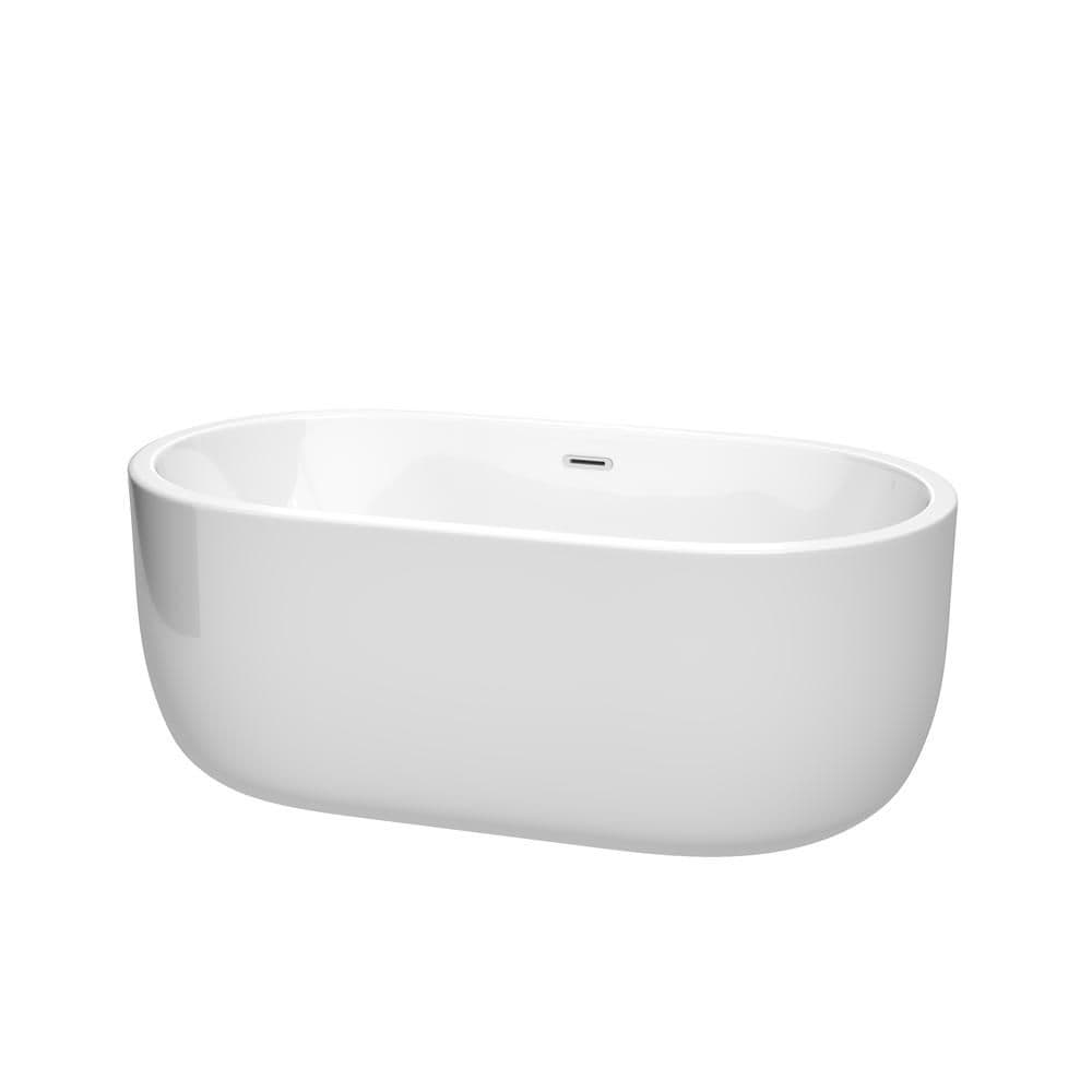 Baignoire autoportante Juliette de 60 pouces en blanc avec drain et garniture de trop-plein en chrome poli