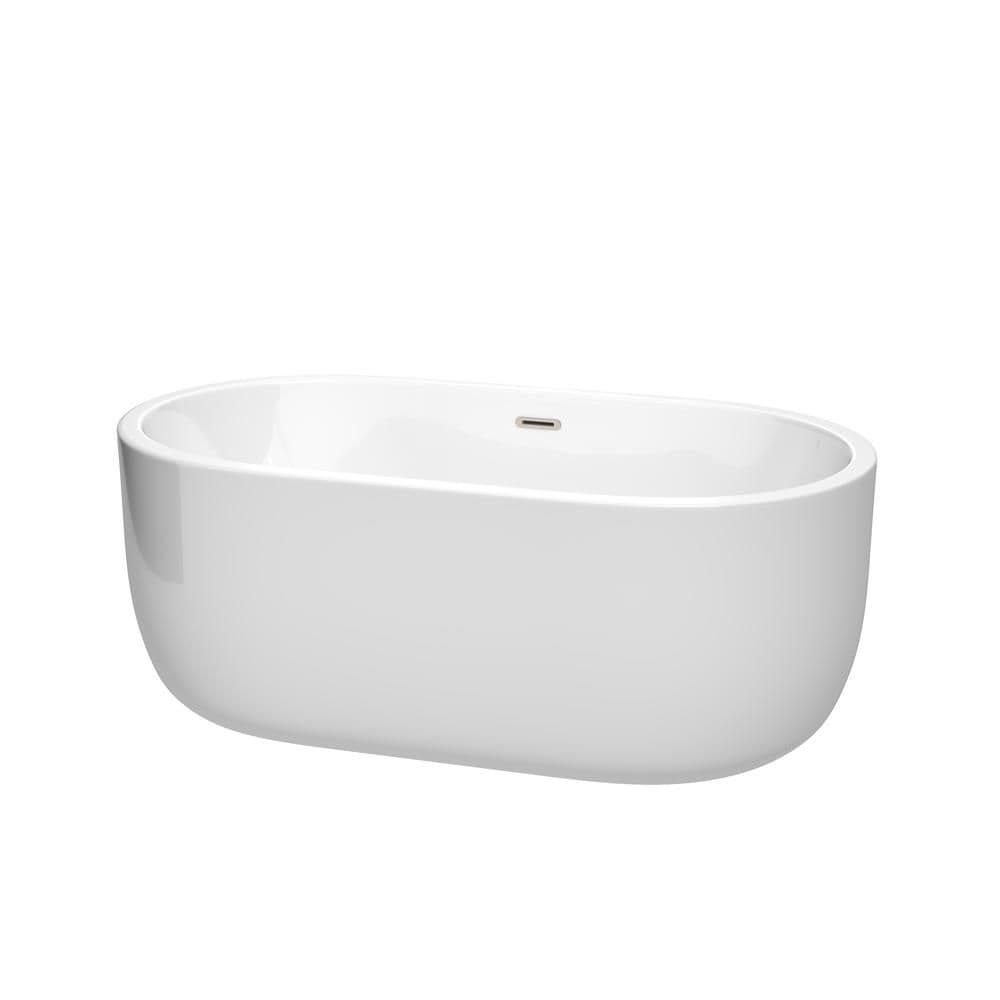 Baignoire autoportante Juliette de 60 pouces en blanc avec drain et garniture de trop-plein en nickel brossé
