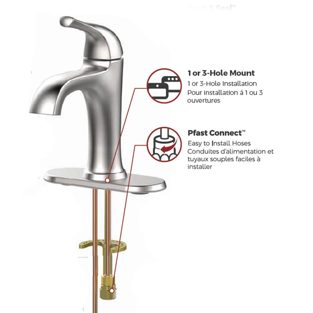 Robinet de lavabo de salle de bain Ladera à poignée unique en nickel brossé à 1 ou 3 trous