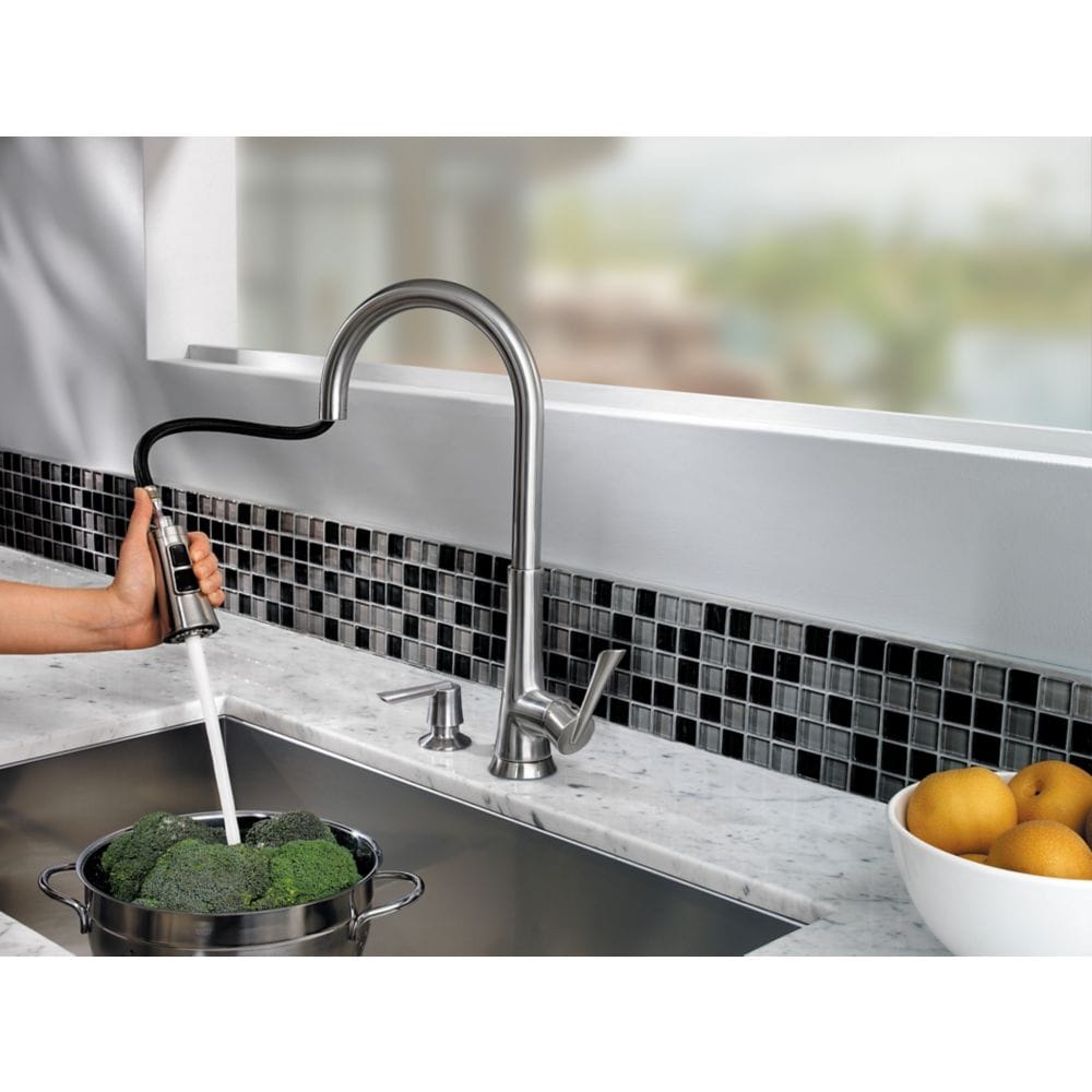 Mystique 1-Handle Stainless Steel Pull Out/Pull Down Kitchen Faucet/Kitchen Sink Faucet/Tap with Soap Dispenser