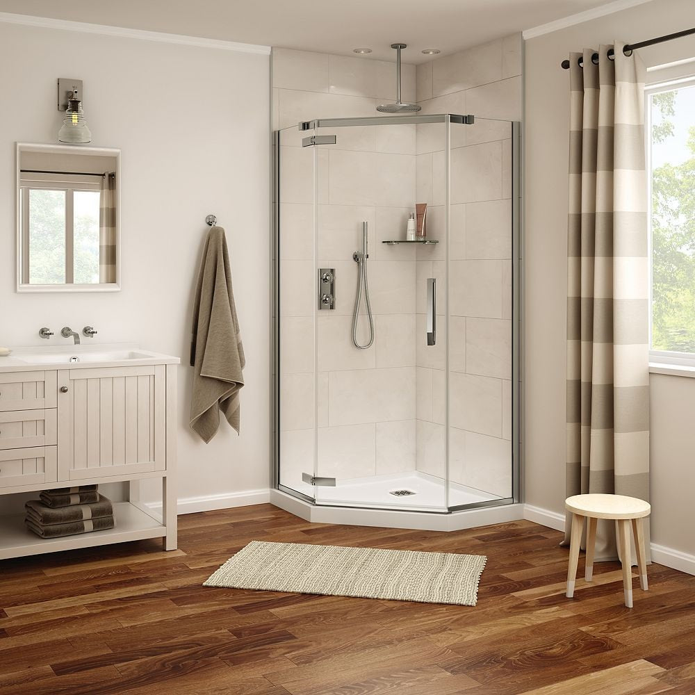 Cabine de douche d'angle néo-angle Davana 40 po L x 40 po l x 78,75 po H avec base en acrylique à drain central et porte pivotante en nickel brossé (sans paroi de douche)