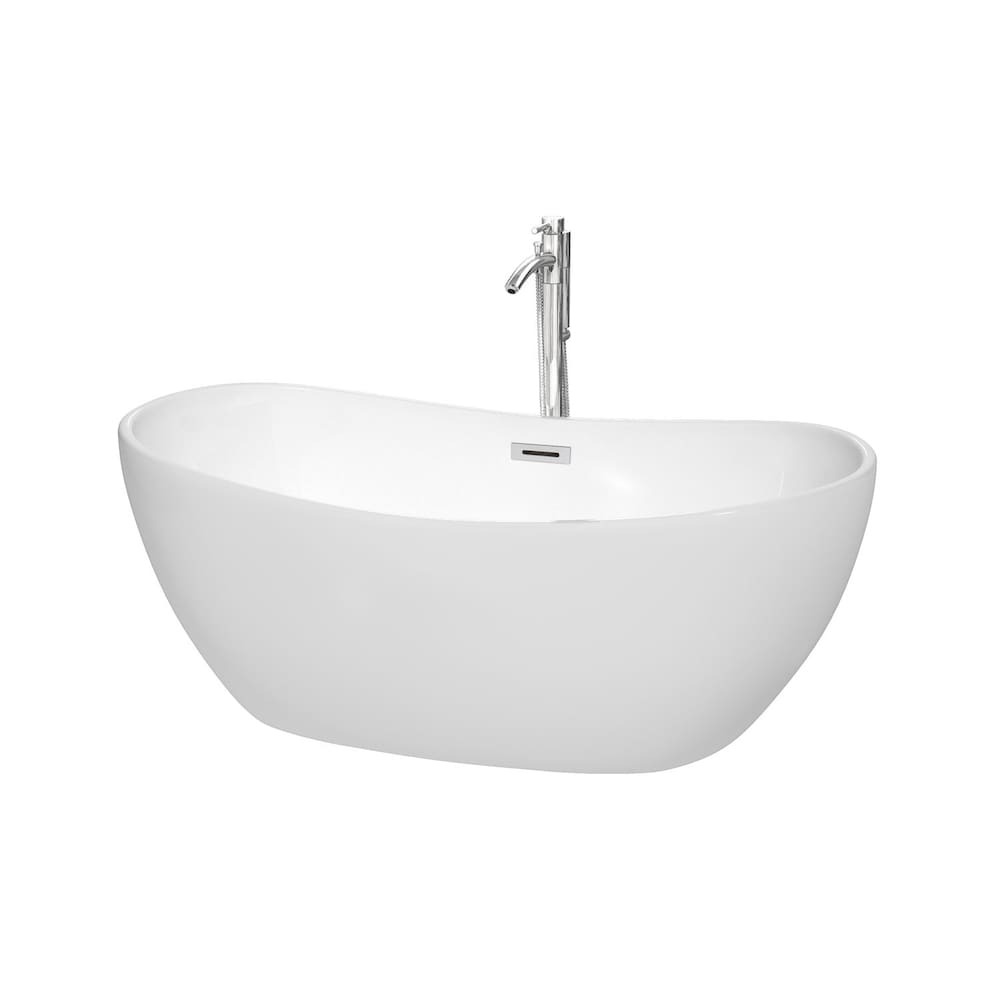 Baignoire autoportante blanche Rebecca de 60 pouces, ensemble de garniture et de remplissage de baignoire en chrome poli