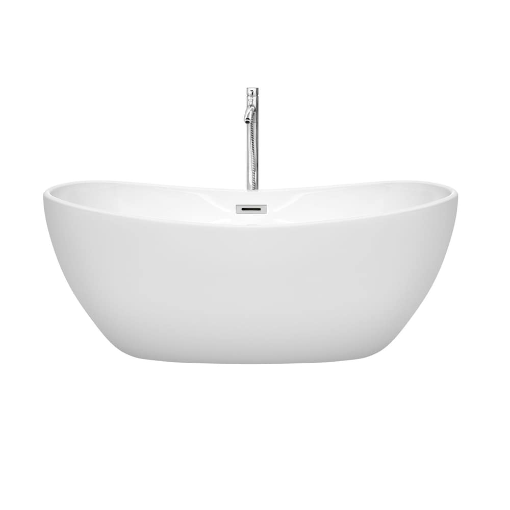 Baignoire autoportante blanche Rebecca de 60 pouces, ensemble de garniture et de remplissage de baignoire en chrome poli