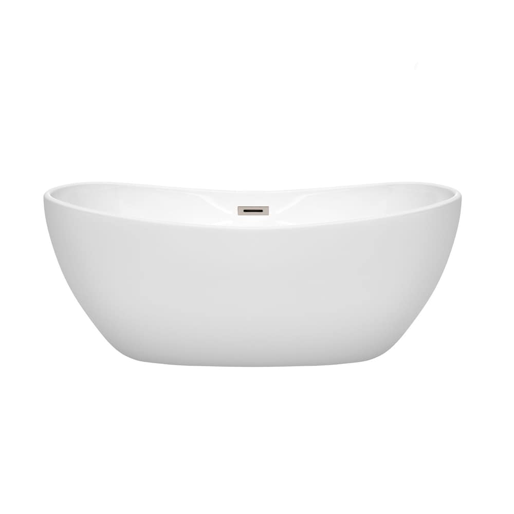 Baignoire autoportante Rebecca de 60 pouces, blanche, avec drain et garniture de trop-plein en nickel brossé