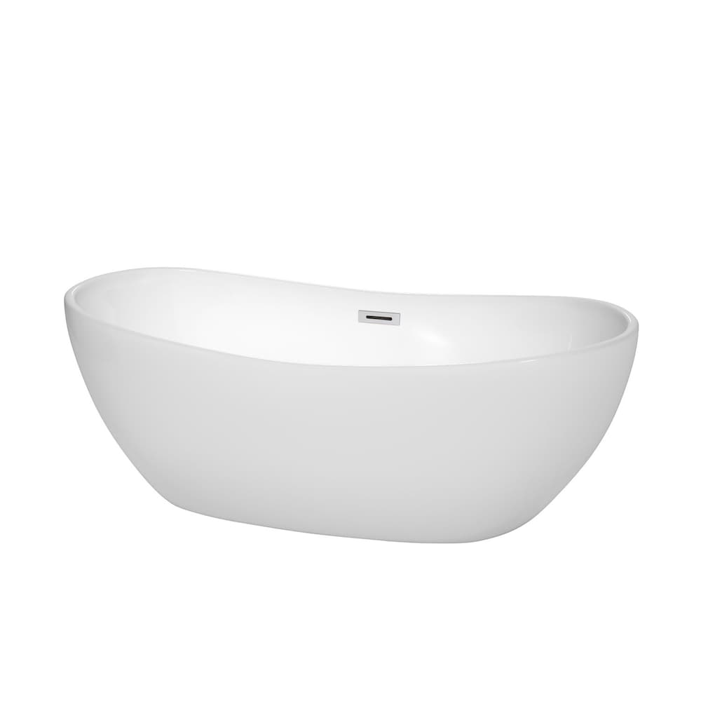 Baignoire autoportante Rebecca blanche de 65 pouces, garniture de trop-plein et de drain en chrome poli