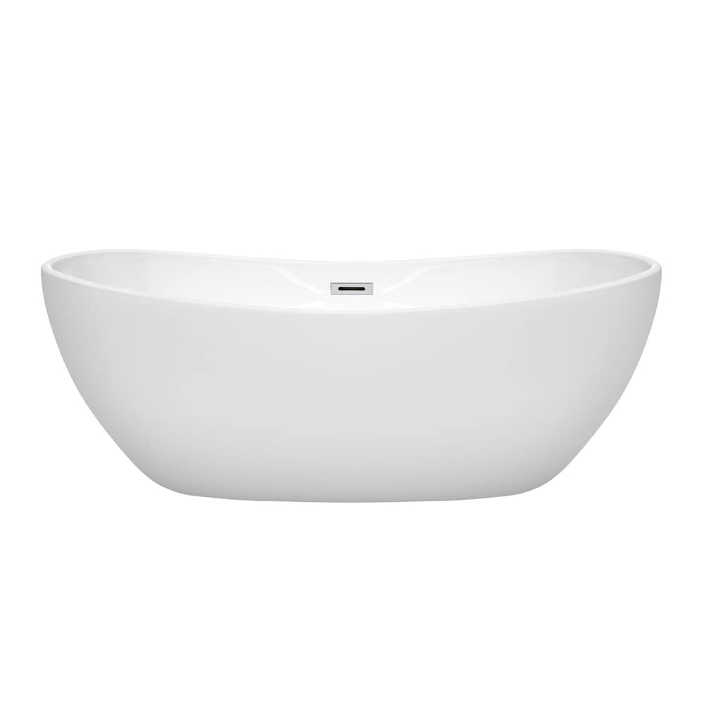 Baignoire autoportante Rebecca blanche de 65 pouces, garniture de trop-plein et de drain en chrome poli