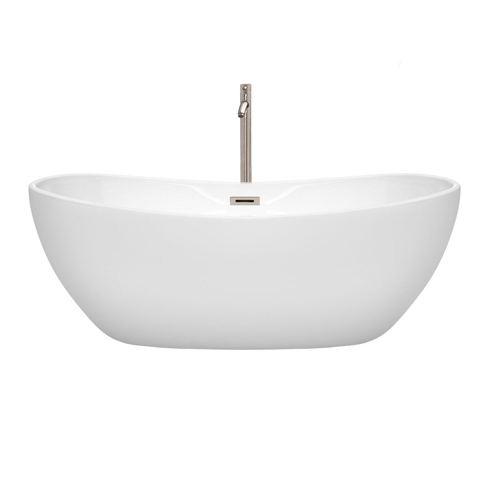 Rebecca 65 Inch Freestanding White Bathtub, Brushed Nickel Tub Filler & Trim Kit