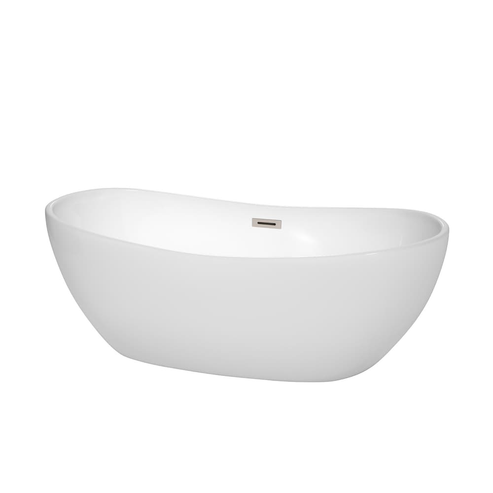 Rebecca 65 Inch Freestanding White Bathtub, Brushed Nickel Drain and Overflow Trim