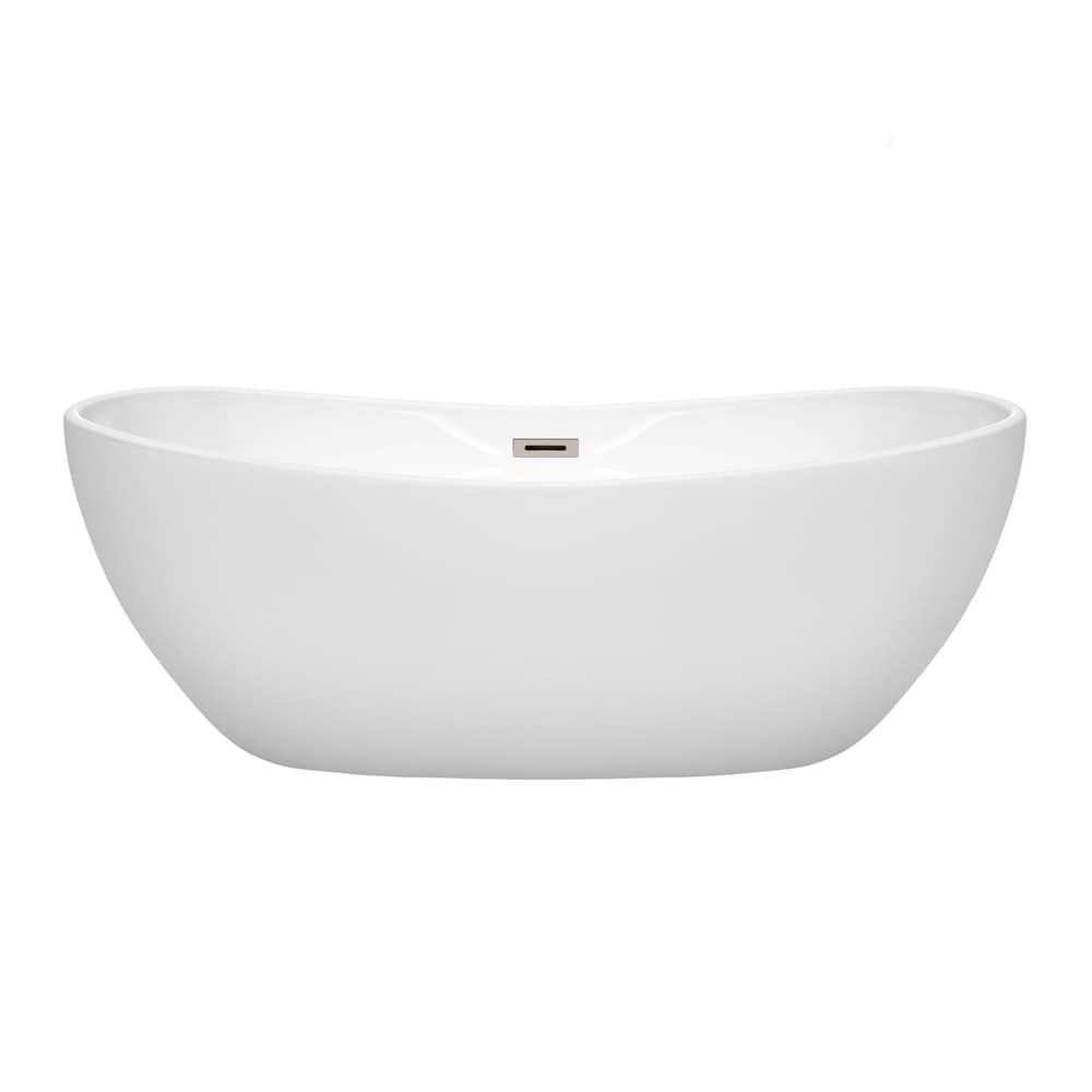 Rebecca 65 Inch Freestanding White Bathtub, Brushed Nickel Drain and Overflow Trim