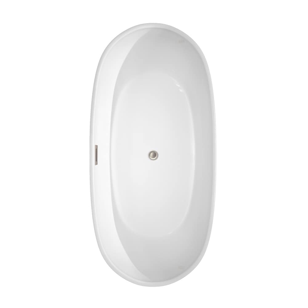 Rebecca 65 Inch Freestanding White Bathtub, Brushed Nickel Drain and Overflow Trim