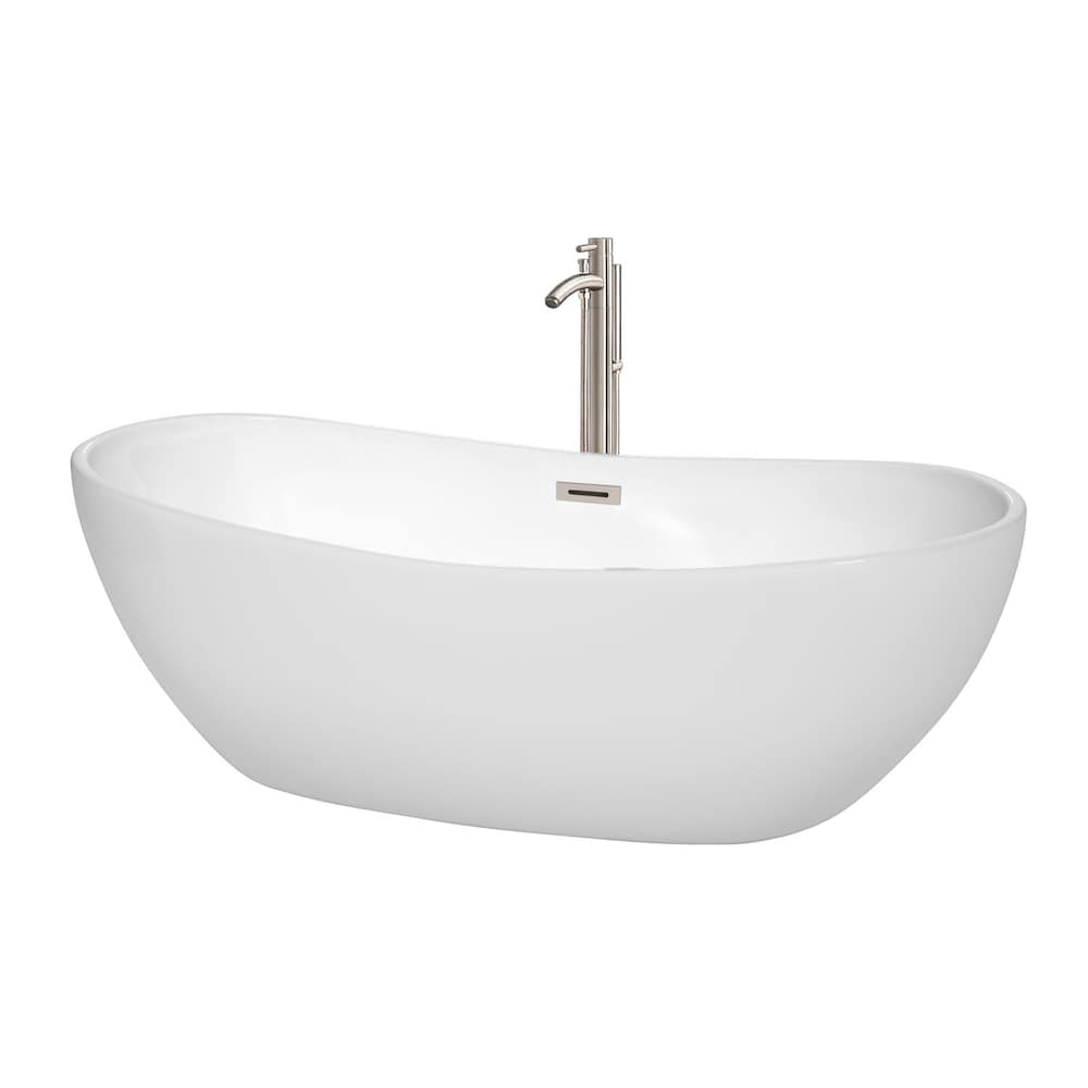 Baignoire autoportante blanche Rebecca de 70 pouces, kit de remplissage et de garniture de baignoire en nickel brossé
