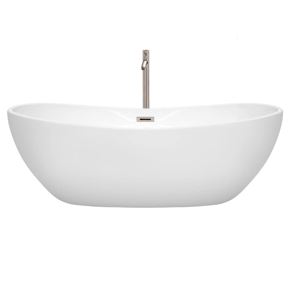 Baignoire autoportante blanche Rebecca de 70 pouces, kit de remplissage et de garniture de baignoire en nickel brossé