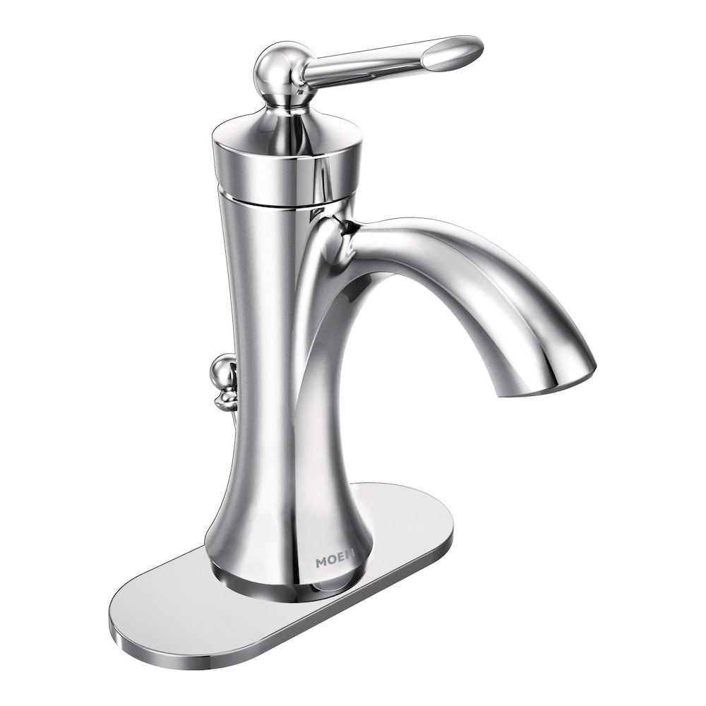 Robinet de lavabo de salle de bain à poignée unique Wynford de 4 pouces avec plaque de pont en chrome (vidange et valve incluses)