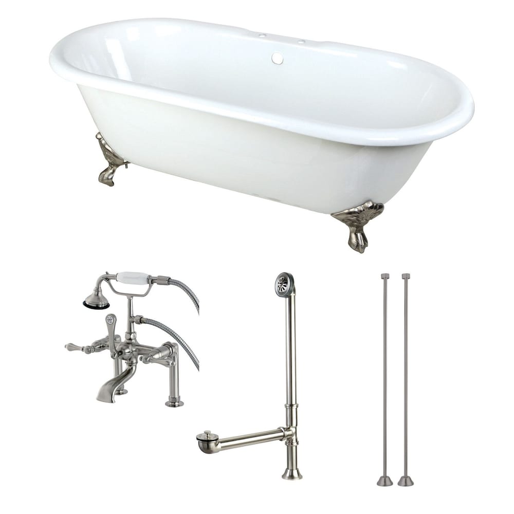 Baignoire classique à double extrémité de 5,5 pi sur pattes en fonte blanche et robinetterie en nickel satiné