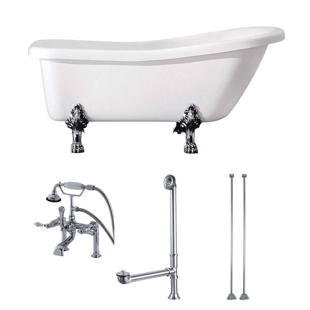 Baignoire sur pattes en acrylique Slipper de 5,6 pi en blanc et ensemble de robinetterie en chrome