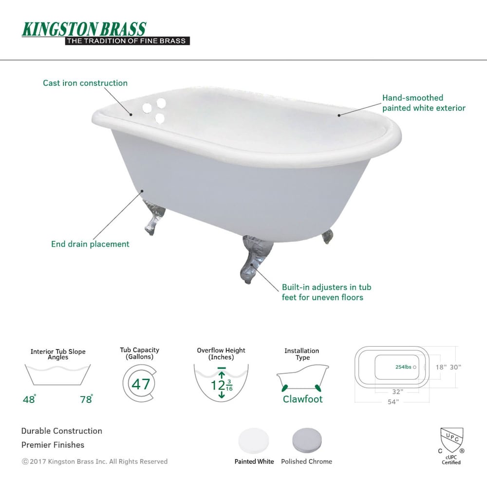 Petite 4.5 ft. Cast Iron Chrome Claw Foot Roll Top Tub with 3-3/8 inch Centers in White