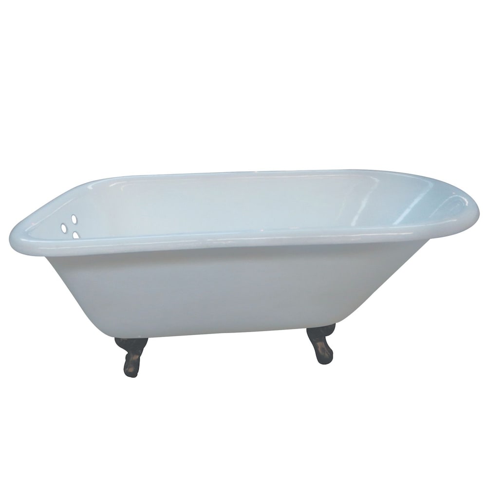 Petite baignoire en fonte de 4,5 pi avec pieds à roulettes en bronze huilé et centres de 3-3/8 po en blanc