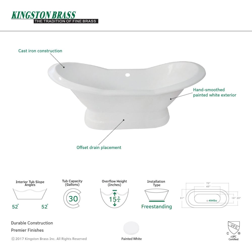6 ft. Cast Iron Claw Foot Double Slipper Tub without Deck Holes in White