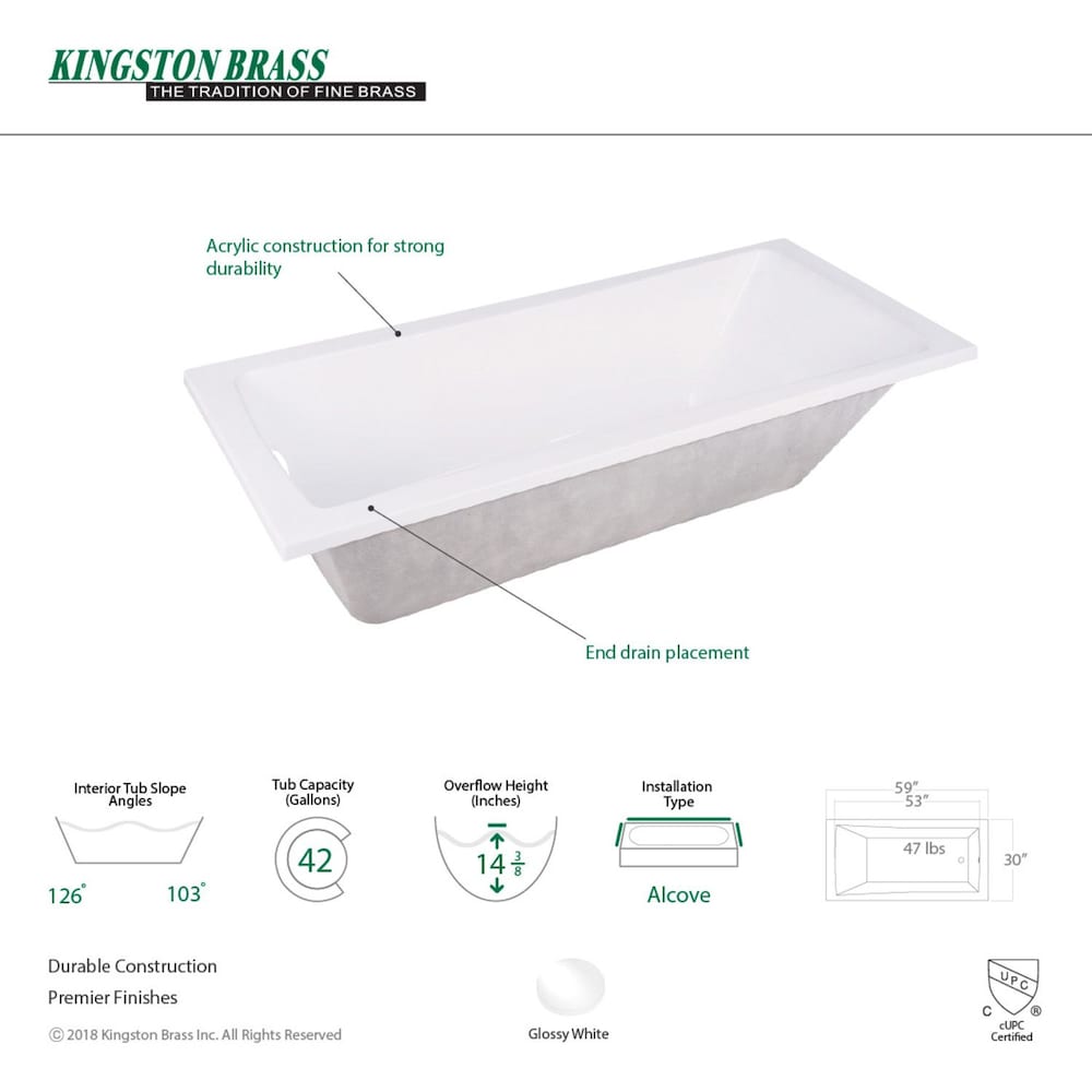 Contemporary 4.9 ft. Acrylic Rectangular Drop-in Front Drain Bathtub in White