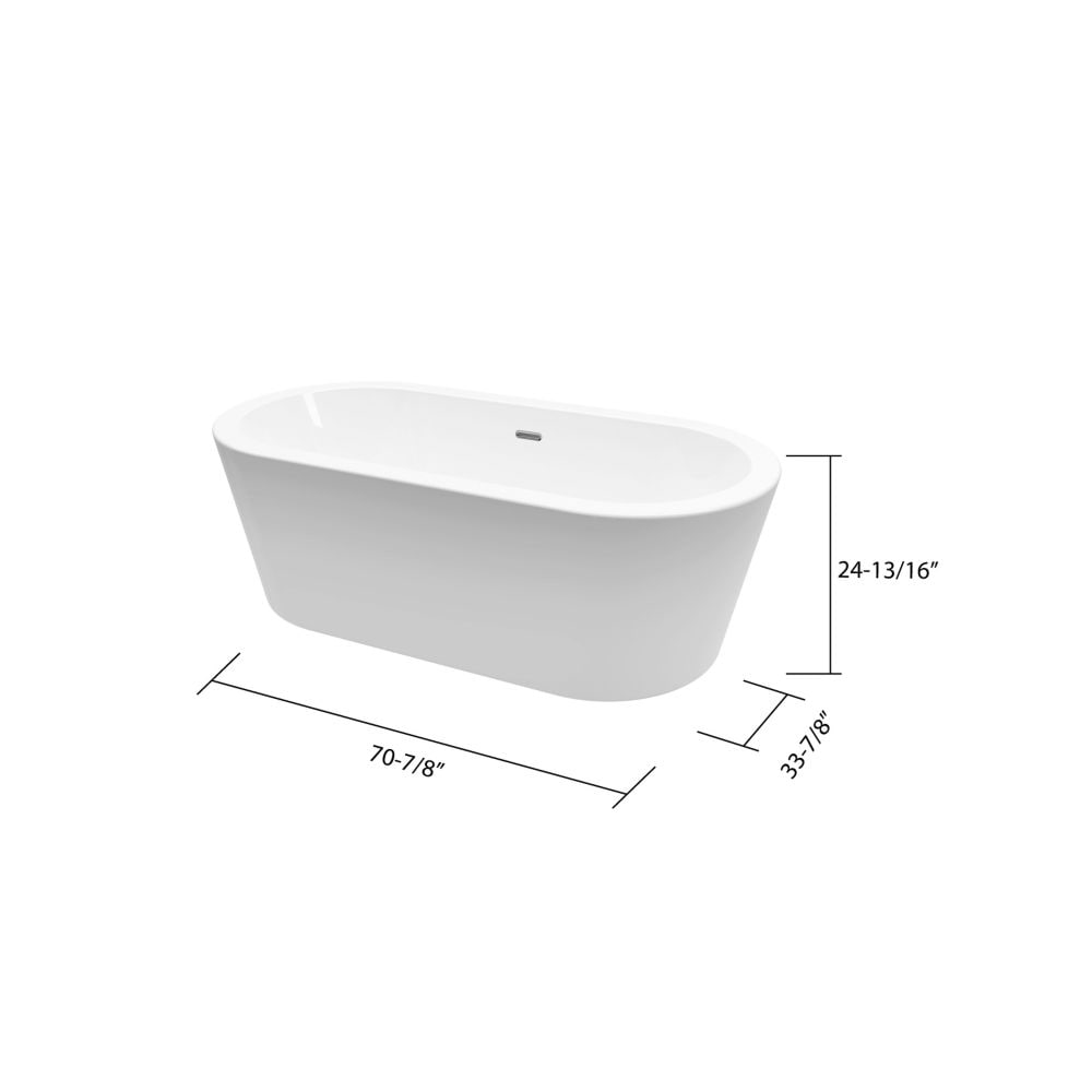 Baignoire autoportante en acrylique à fond plat Dexter de 71 pouces en blanc sans robinet