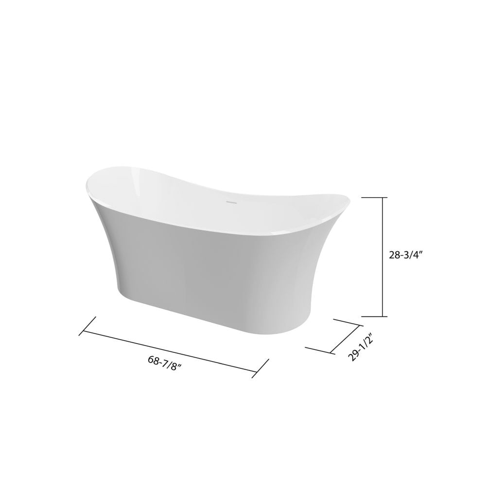 Baignoire autoportante à fond plat en résine solide Ariel de 69 pouces en blanc sans robinet
