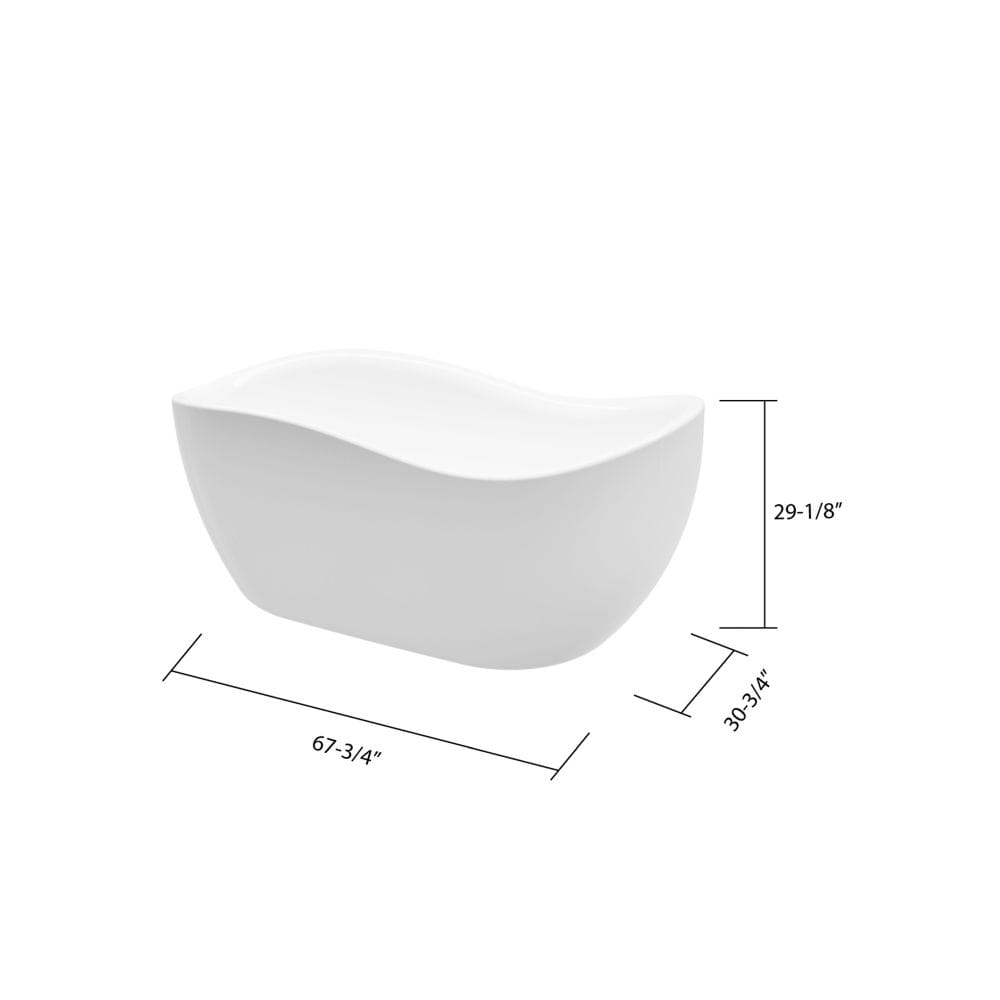 Baignoire autoportante en acrylique Kyan de 68 pouces à fond plat en blanc sans robinet
