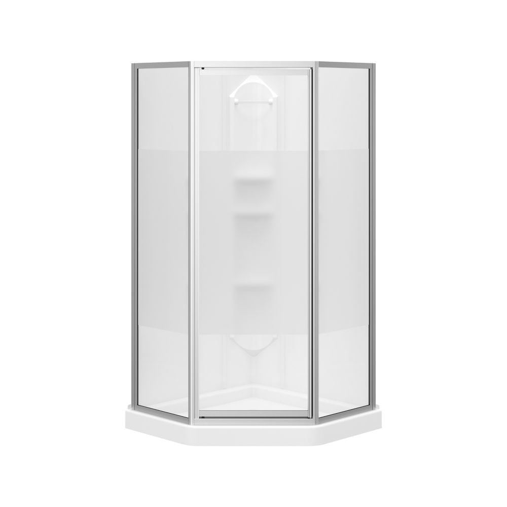 Summit 38 in. L x 38 in. W x 76.5 in. H Neo-Angle Corner Shower Kit Enclosure with Corner Drain Base, Wall Surround, Built-In Shelves & Privacy Glass, Chrome Pivot Door