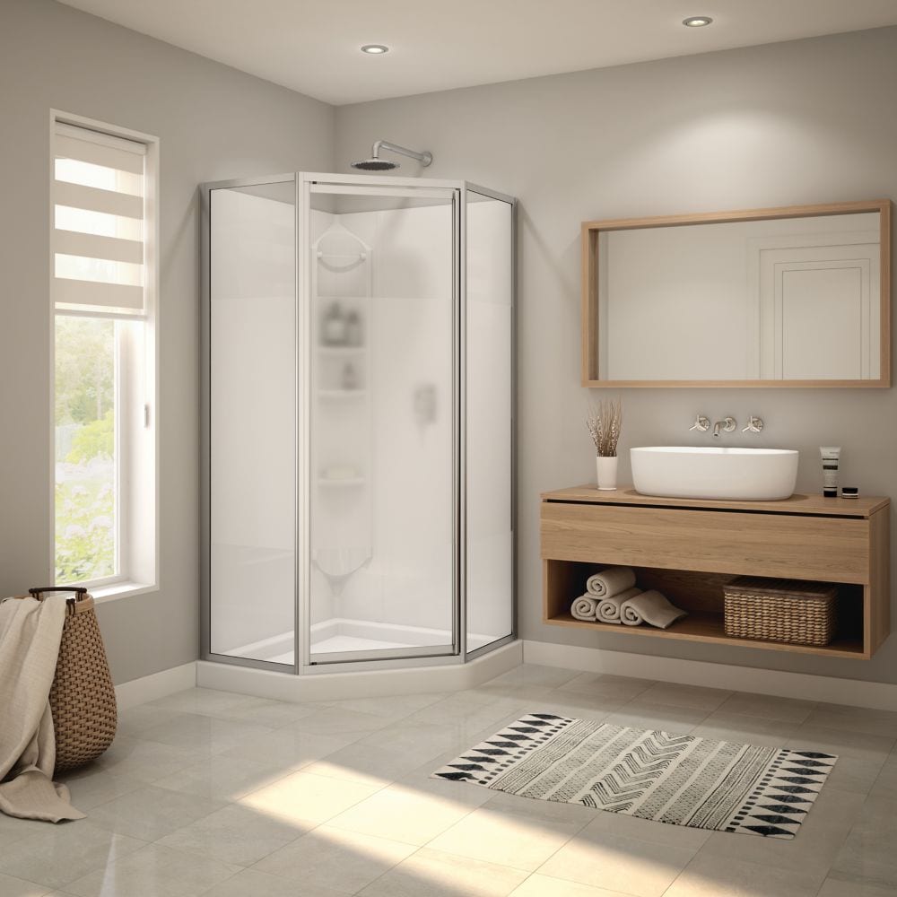 Summit 38L x 38L x 76,5H pouces Kit de douche d'angle néo-angle, enceinte avec base, murs et porte pivotante chromée pour intimité