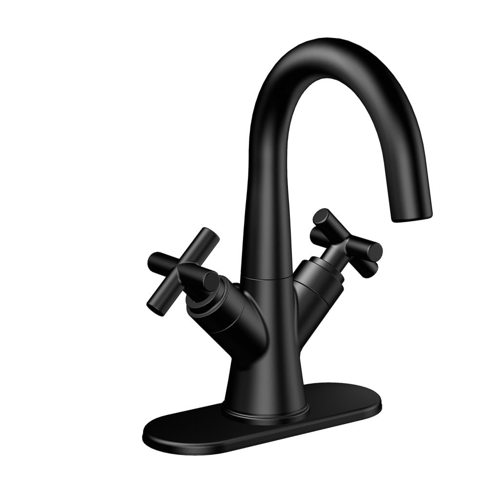 Robinet de salle de bain à arc élevé à 2 poignées Wilmont Centerset (4 pouces) en noir mat avec poignées croisées